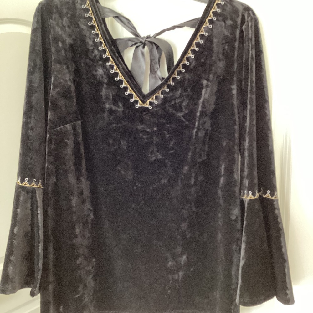 Sheek black velvety top with embroidered detail and satin bow tie in back.